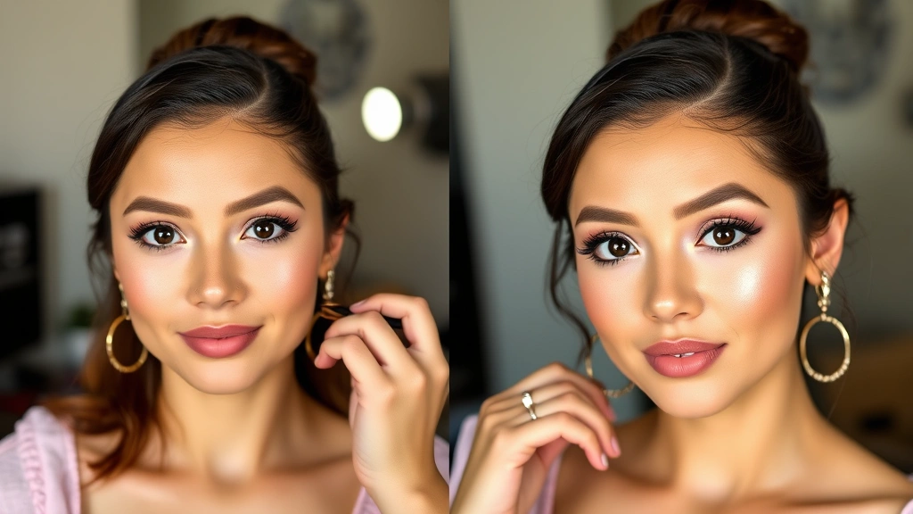 Before and after makeup application showing natural skin transitioning to full glam look with Hello Kitty foundation, blush, and highlight, professional studio lighting