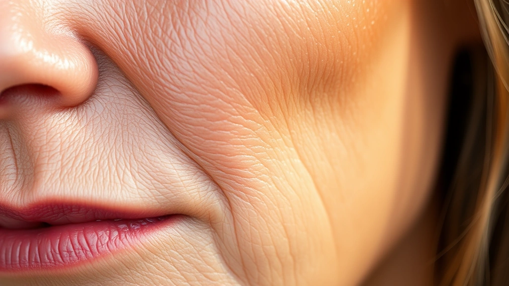 Close-up of dewy, glowing mature skin texture with visible radiance and improved firmness, professional skincare photography style, natural lighting highlighting skin luminosity