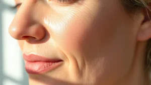 Close-up of luminous mature female skin with visible radiance, soft natural lighting highlighting skin texture and glow, no visible products or packaging, serene skincare aesthetic