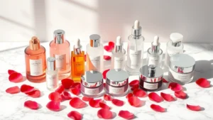 Luxury skincare bottles and jars artfully arranged on marble surface with rose petals and natural lighting, high-end cosmetics display with glass containers and premium packaging