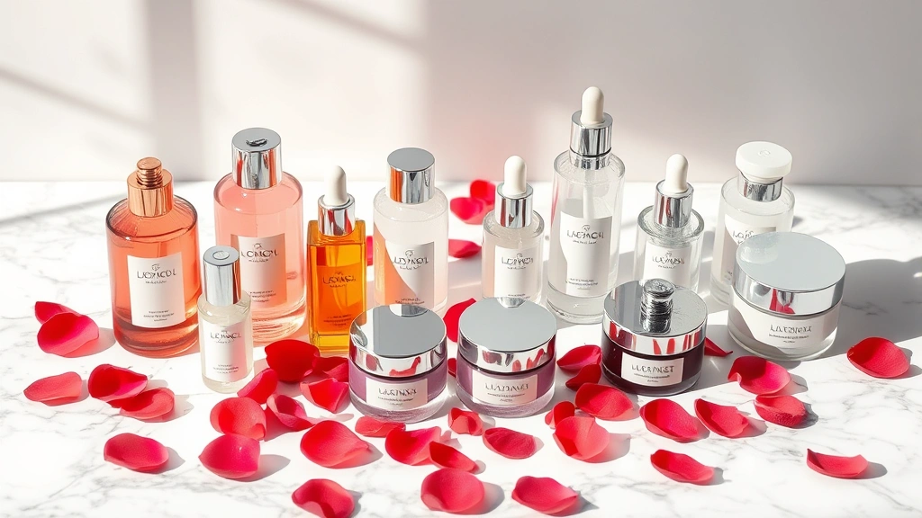 Luxury skincare bottles and jars artfully arranged on marble surface with rose petals and natural lighting, high-end cosmetics display with glass containers and premium packaging