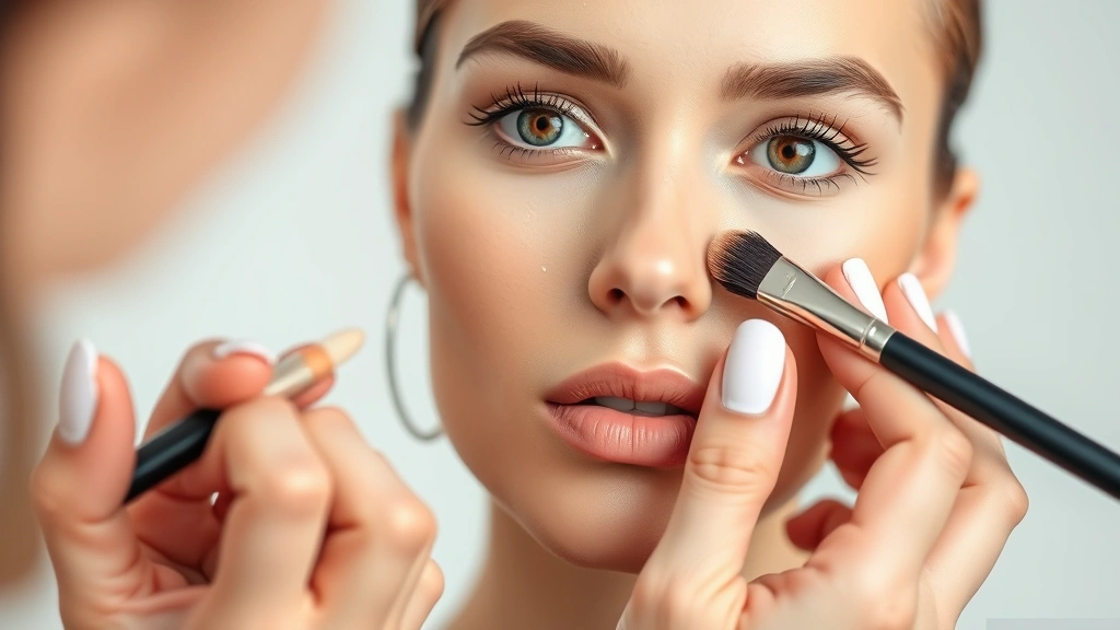 Professional makeup artist applying luxury foundation to model's face with precision brush, close-up of flawless skin application showing product blending and coverage quality