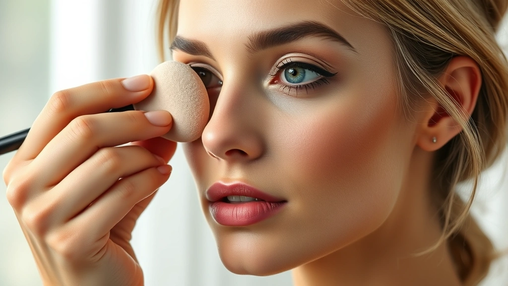 Professional makeup artist applying cream foundation with beauty sponge to model's face, soft natural lighting, close-up detail of blending technique, dewy skin texture