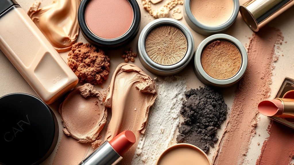 Close-up of diverse makeup swatches showing foundation shades, eyeshadow pigments, and lip colors arranged artfully on neutral background, natural lighting highlighting texture and color accuracy, professional beauty photography style