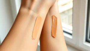 Close-up of diverse skin tones swatching warm-toned liquid foundation on inner arms, natural window lighting, showing color payoff and blendability without visible texture