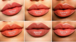 Close-up of diverse skin tones swatching warm and cool-toned nude lipsticks on lips, showing color payoff and texture quality, natural lighting, high-definition detail