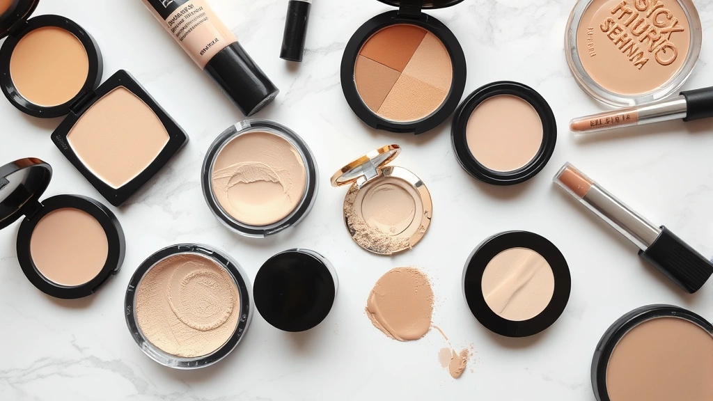 Array of opened makeup products arranged artfully on white marble surface: foundation, powder, primer, concealer, showing textures and finishes without visible labels
