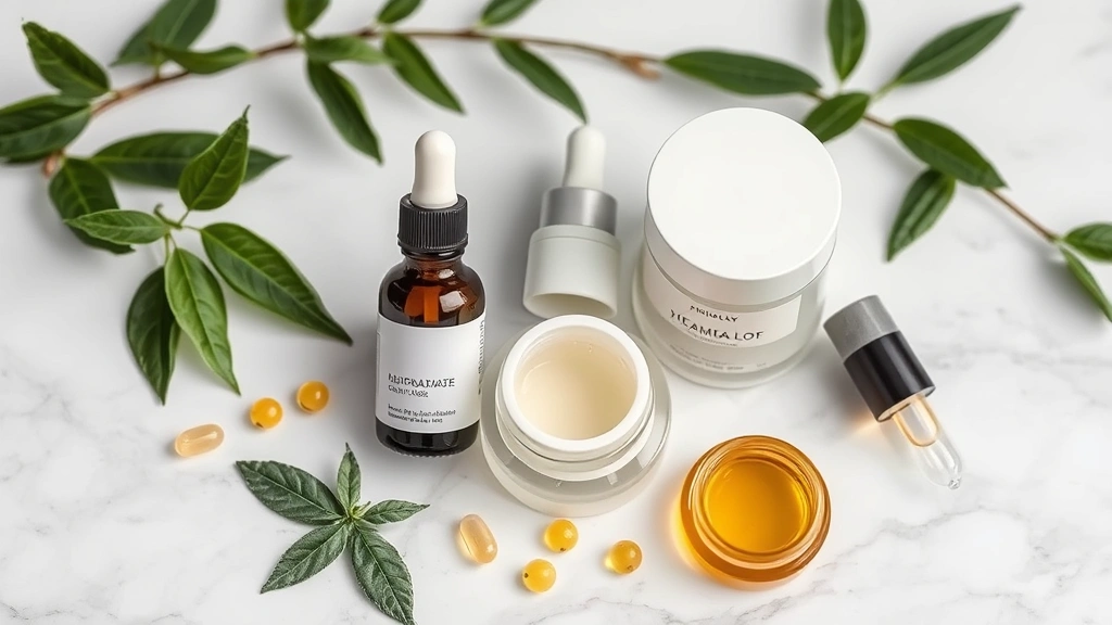 Skincare products and cosmetics arranged with fresh botanical ingredients like green tea leaves, vitamin E capsules, and jojoba oil droplets on marble surface, soft diffused lighting, minimal styling emphasizing ingredient quality