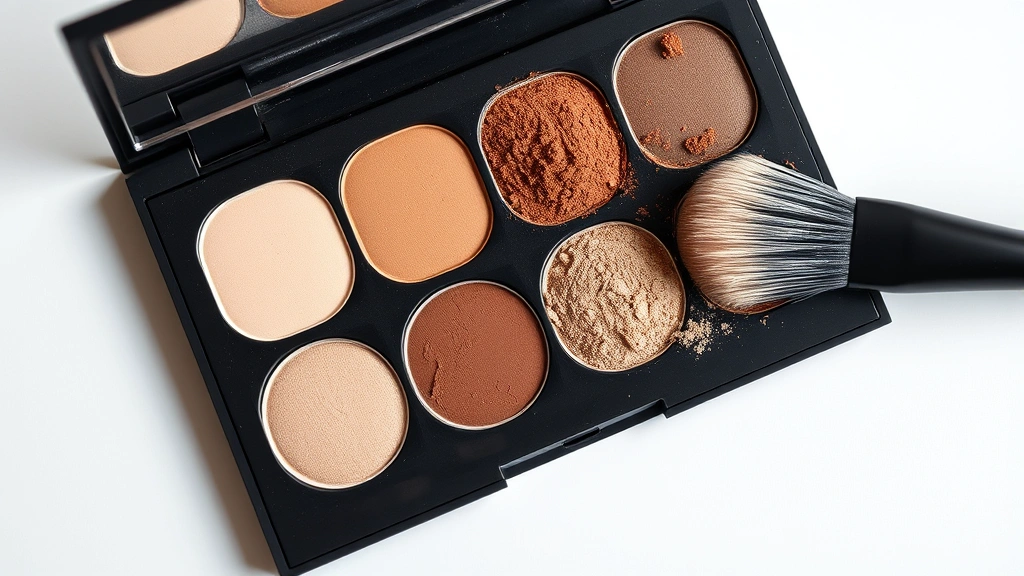 Flat lay of opened eyeshadow palette showing matte and shimmer finishes in neutral and warm tones, with makeup brush bristles touching shimmer shade, soft studio lighting