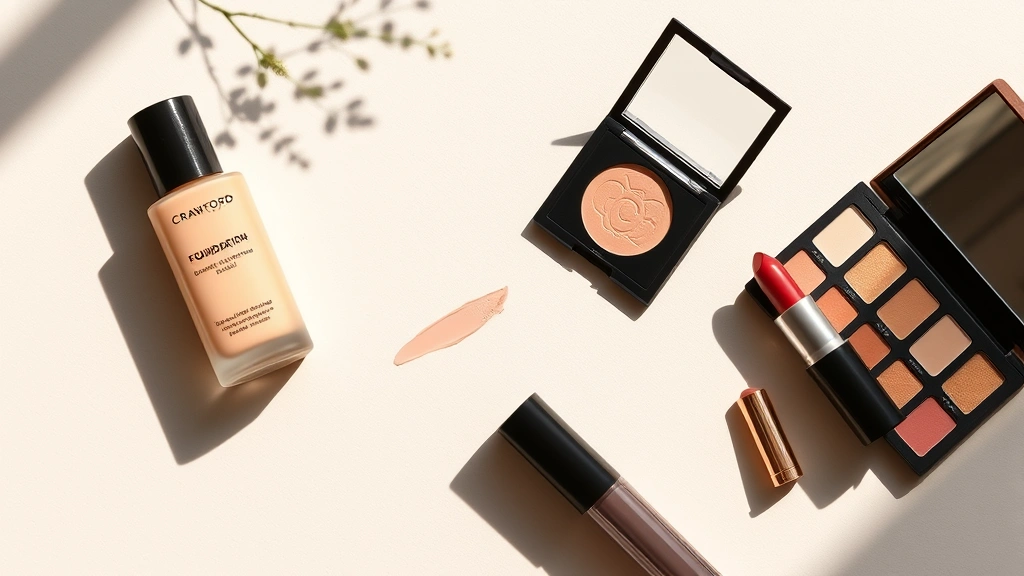 Flatlay beauty composition featuring Crawford Cosmetics foundation bottle, blush, eyeshadow palette, and lip products arranged artfully on neutral background with soft morning light creating dimensional shadows
