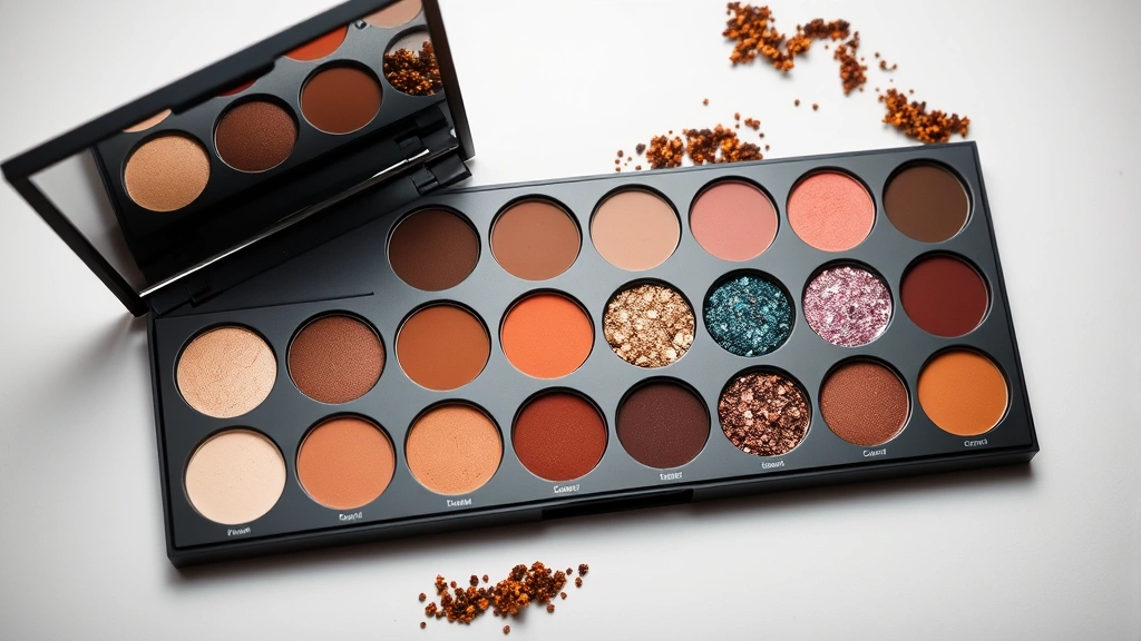 Flat lay of Crawford Cosmetics eyeshadow palette with multiple finishes open, displaying matte and shimmer shades in earth and jewel tones, soft studio lighting, professional product photography