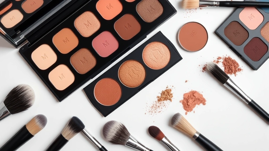 Flat lay composition of opened Crawford Cosmetics eyeshadow palettes showing pigmented matte and shimmer shades with makeup brushes, professional studio lighting