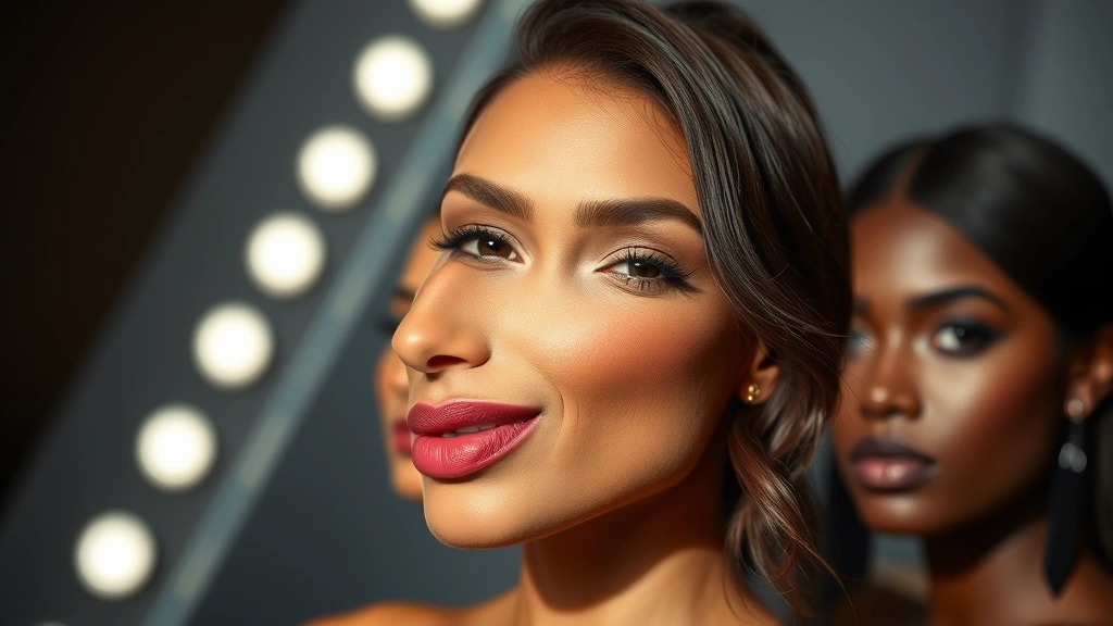 Celebrity-style makeup look on diverse skin tone model: glowing complexion with luminous foundation, sculpted cheekbones, defined eyes, professional photography lighting, fresh-faced glamour