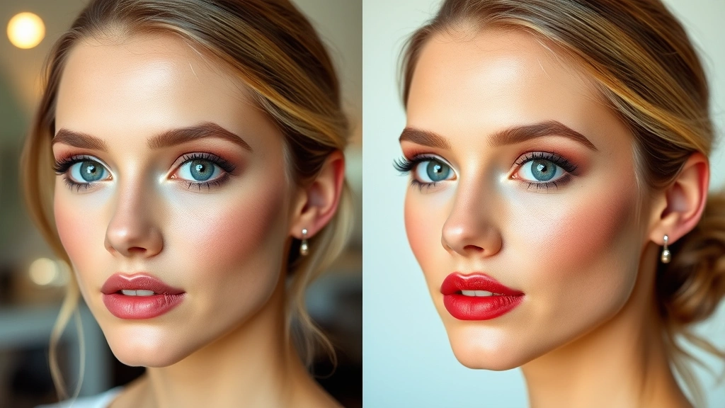 Before-and-after beauty application showing flawless makeup on various skin tones, focus on foundation blending, eyeshadow application, and lip color payoff, professional studio lighting demonstrating product performance