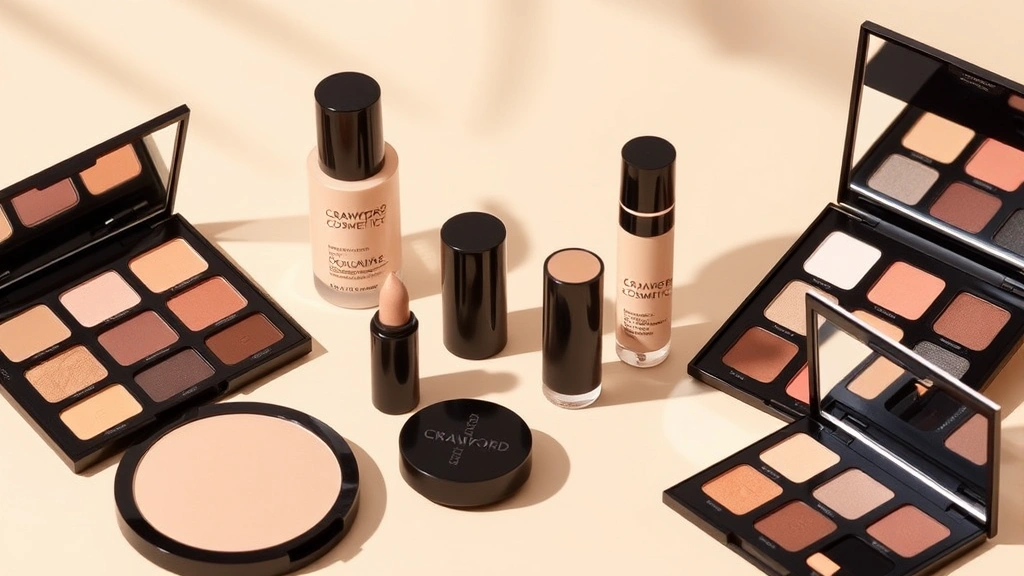 Crawford Cosmetics makeup collection including foundation, concealer, and eyeshadow palettes displayed on neutral beige background with soft natural lighting, showcasing product diversity