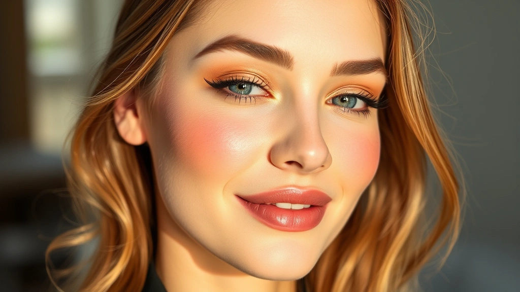 Woman with glowing complexion wearing full face of makeup featuring neutral eyeshadow, peachy blush, and dewy foundation, natural sunlight, emphasizing skin health and luminosity