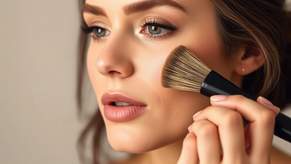 Woman applying Crawford Cosmetics foundation with brush to cheek showing buildable coverage, natural skin texture visible underneath, professional makeup artist technique, warm studio lighting emphasizing blend quality