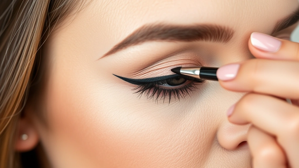 Woman applying liquid eyeliner with precision brush, showing smooth application and rich black pigment, close-up of eye area with natural skin texture visible, professional makeup lighting