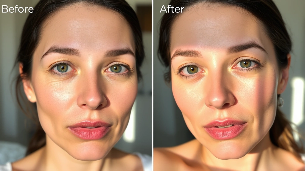 Before-and-after skincare results showing improved skin texture and hydration after using Crawford Cosmetics serums and moisturizers, natural morning light on face