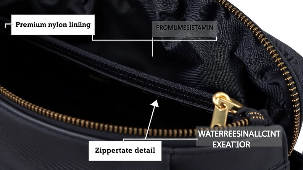 Close-up of high-quality cosmetic bag materials showing premium nylon lining, reinforced zipper detail, and water-resistant exterior fabric with professional construction visible