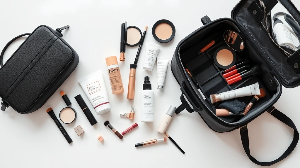 Woman's beauty routine essentials laid out showing organized skincare products, makeup brushes, and cosmetics next to an open custom cosmetic bag with dedicated compartments, minimalist aesthetic