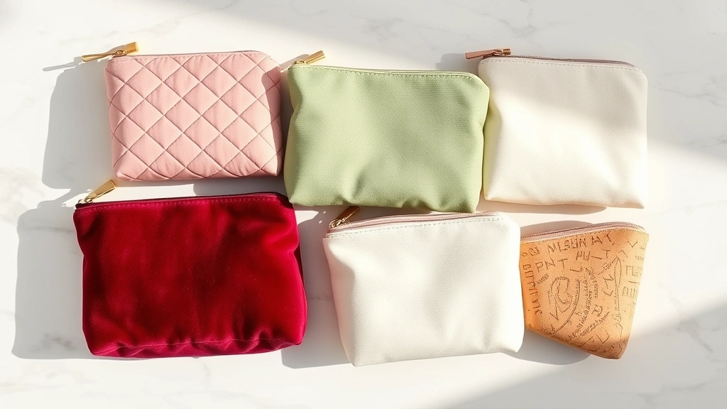 Flat lay of five different cute cosmetic pouches in pastel colors—blush pink quilted, sage green canvas, cream minimalist, velvet burgundy, and natural cork—arranged on white marble surface with soft morning light, showcasing various textures and styles