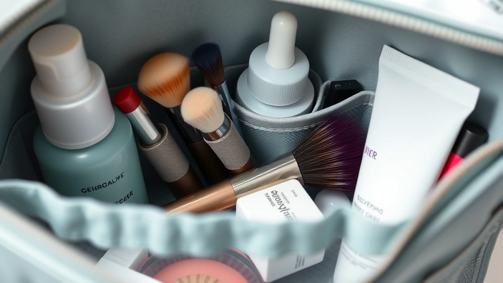 Close-up detail shot of cosmetic pouch interior showing organized compartments with skincare bottles, makeup brushes in elastic loops, and mesh pockets containing beauty products, demonstrating functional organization and storage solutions