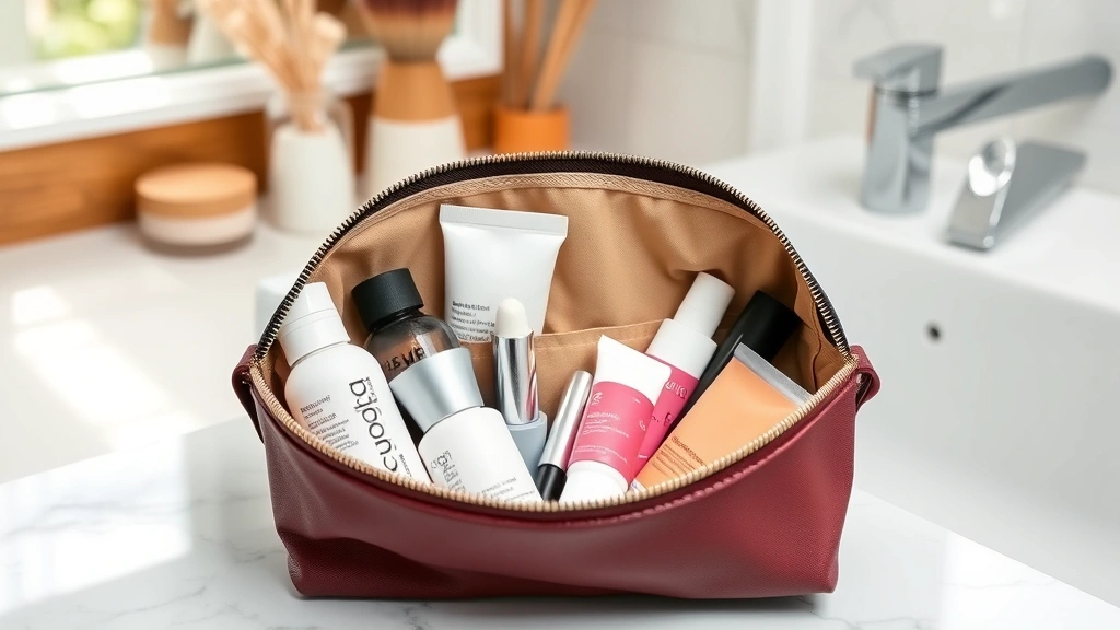Lifestyle image of open cosmetic pouch on bathroom vanity with travel essentials, skincare products, and makeup arranged neatly inside, showing real-world usage with natural lighting and modern bathroom decor in background