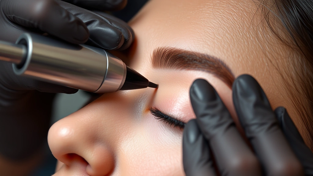 Close-up of a professional applying cosmetic tattoo pigment to eyebrow area using precision Daela device, showing careful technique and steady hand positioning during procedure
