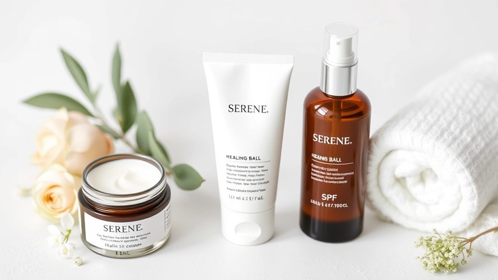 Serene spa setting with healing balm, gentle cleanser, and SPF sunscreen arranged on white surface, representing proper aftercare skincare products for cosmetic tattoo maintenance