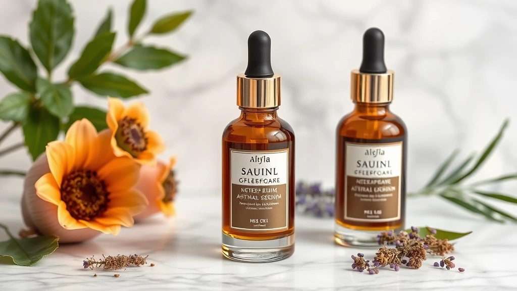 Luxurious skincare serum with natural botanical and animal-derived ingredients displayed in elegant glass bottle with droppers on marble surface, professional beauty product shot