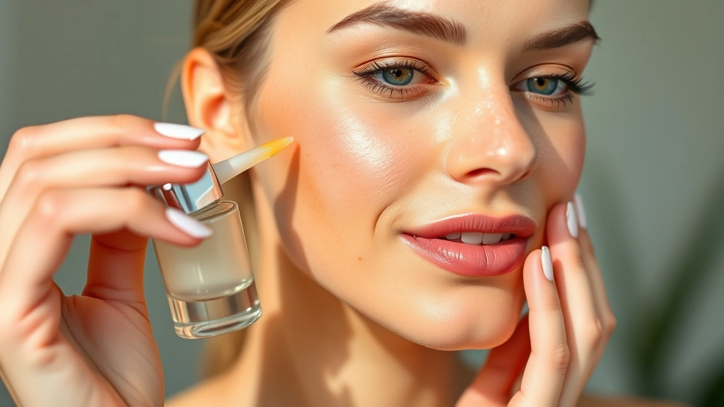 Woman applying luxury skincare serum with visible glow and healthy skin texture, demonstrating proper skincare application technique, natural lighting