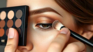 Close-up of professional makeup artist blending warm-toned eyeshadow palette on model's eyelid with fluffy blending brush, showing seamless color transition and expert technique