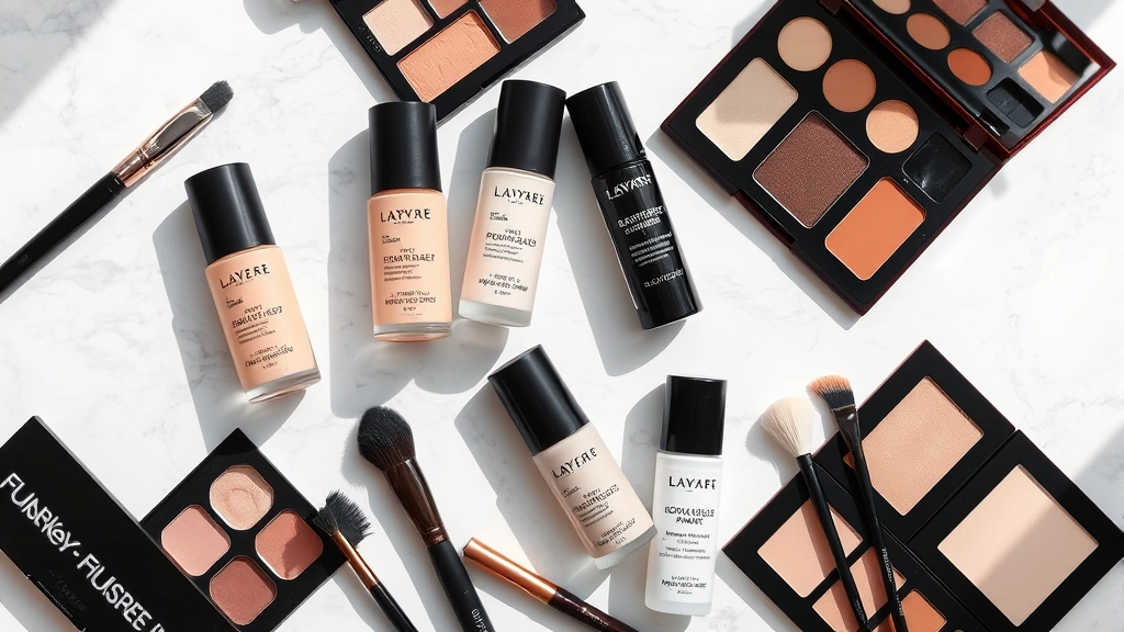 Overhead flat lay of luxury makeup products including foundation bottles, premium eyeshadow palettes, brushes, and primer on marble surface with natural lighting