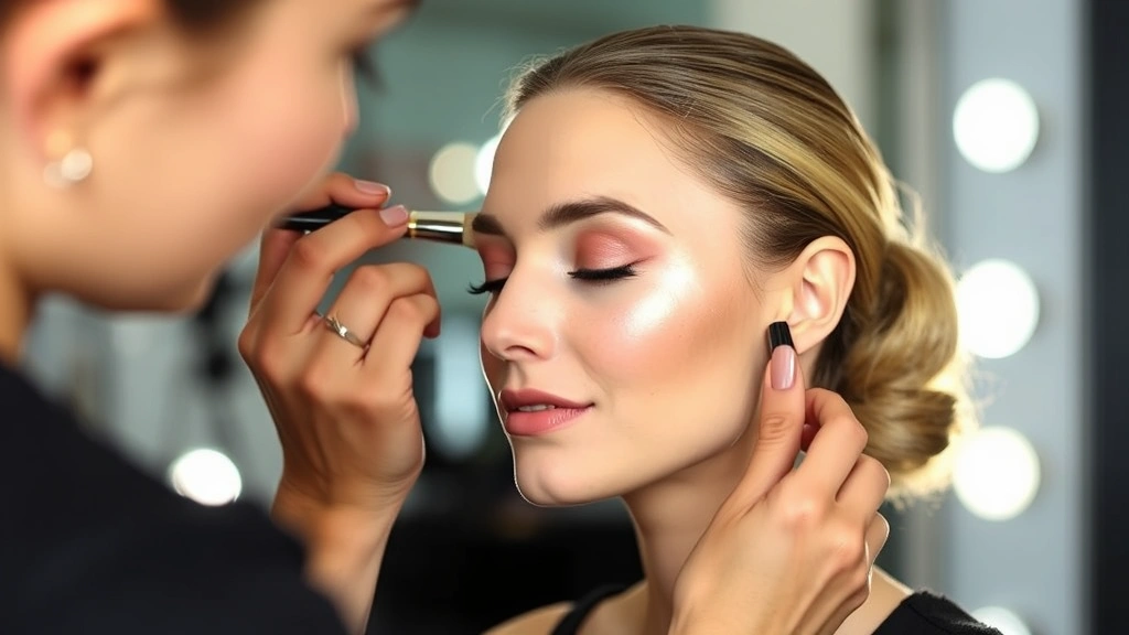 Professional makeup artist applying luminous highlighter to model's cheekbone with precise brush technique, showing sculpted contour and glowing skin finish