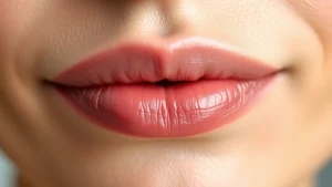 Close-up of healthy, hydrated lips with natural shine and smooth texture, no visible dryness or chapping, soft lighting highlighting lip health