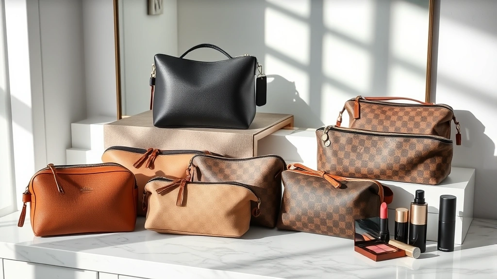 Luxury designer cosmetic bag collection displayed on marble vanity with soft natural lighting, featuring leather and canvas textures, organized makeup products nearby
