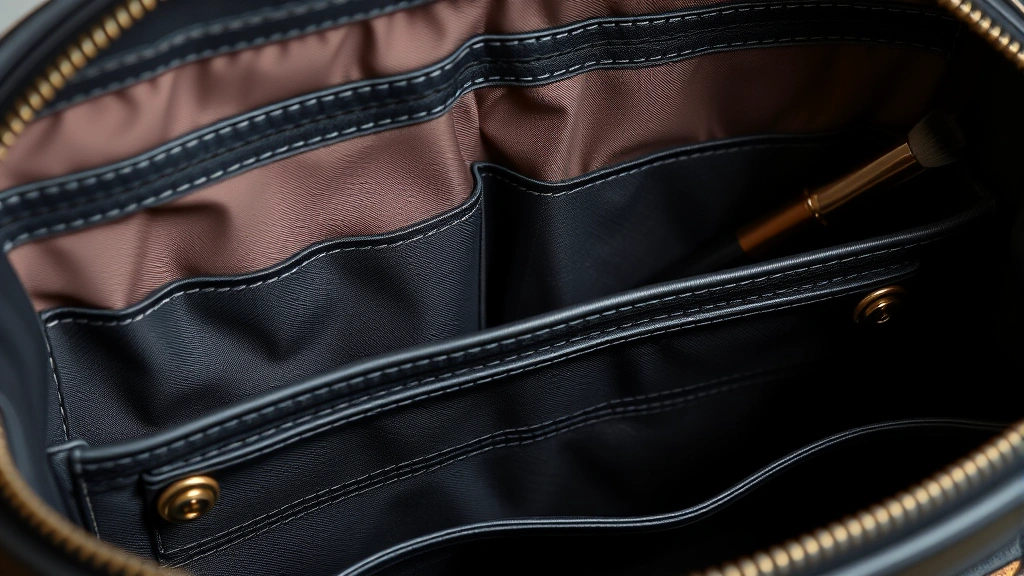 Close-up of designer cosmetic bag interior compartments and organization features, showing brush slots and zippered sections with quality linings and hardware