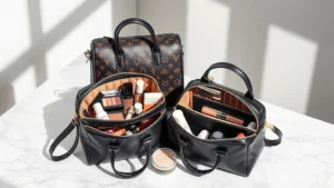 Luxury designer cosmetic bags displayed on marble surface with open compartments showing organized makeup and skincare products inside, soft natural lighting, professional product photography