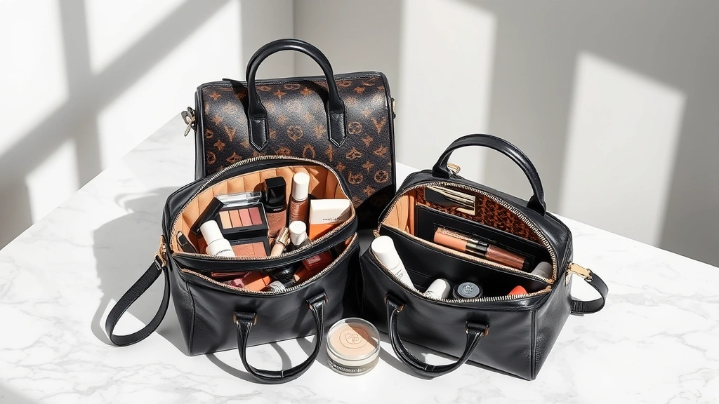 Luxury designer cosmetic bags displayed on marble surface with open compartments showing organized makeup and skincare products inside, soft natural lighting, professional product photography