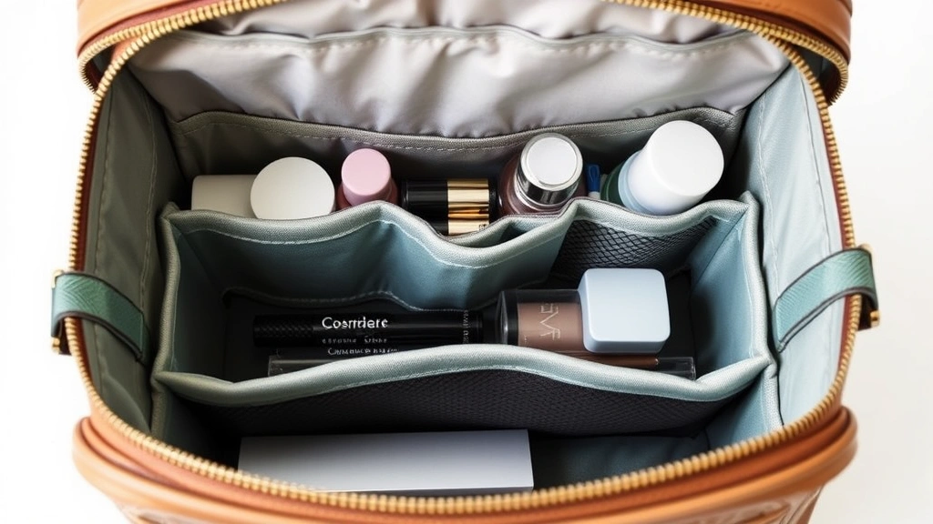 Close-up of designer cosmetic bag interior showing multiple organized compartments, removable dividers, mesh pockets with various beauty products neatly arranged, detailed textile photography