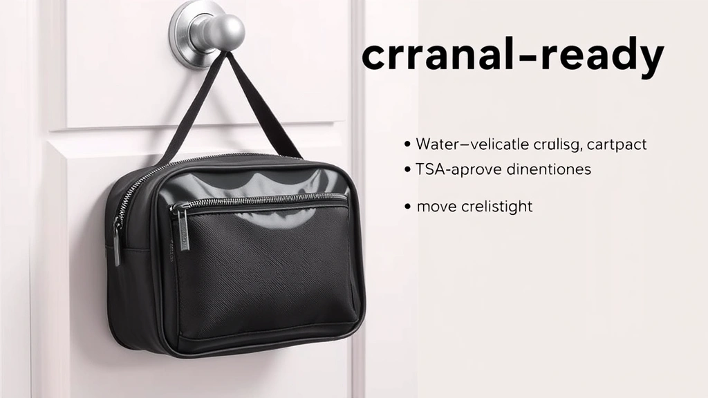 Travel-ready designer cosmetic bag hanging on bathroom door hook with water-resistant material, compact design, TSA-approved dimensions, neutral background highlighting functionality and luxury aesthetic