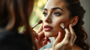 Professional makeup artist applying foundation to diverse model's face, showing proper technique and blending with premium brushes in natural lighting