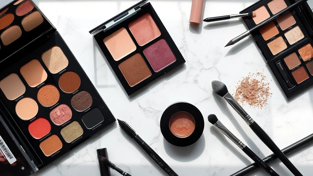 Flat lay composition of eyeshadow palettes, mascara, eyeliner, and eyeshadow brushes arranged artistically on marble surface with natural lighting