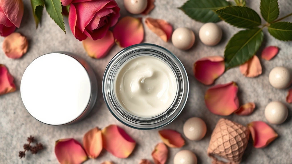 Overhead flat lay of premium night cream jar opened showing rich texture, surrounded by botanical ingredients like rose petals, centella leaves, and ceramic spheres, warm lighting