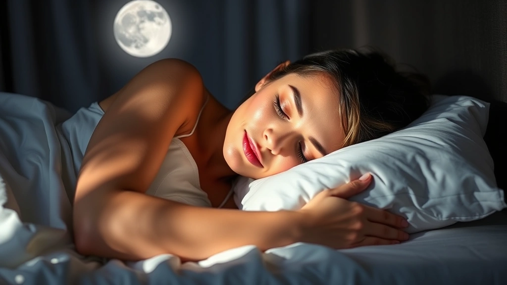 Woman sleeping peacefully on white silk pillowcase, dewy glowing skin visible, moonlight streaming through window, peaceful nighttime skincare results demonstration