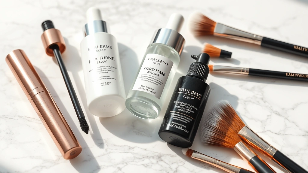 Close-up of luxury cosmetic products arranged on marble surface, featuring mascara wands, skincare serums, and makeup brushes with soft natural lighting highlighting product textures and quality