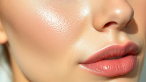 Close-up of dewy, glowing skin with light makeup application, natural lighting, fresh complexion showing healthy radiance and hydrated appearance