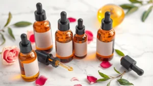 Close-up of serums and facial oils in amber glass bottles with droppers, arranged on white marble surface with fresh botanical ingredients like rose petals and green tea leaves scattered nearby, professional beauty photography lighting