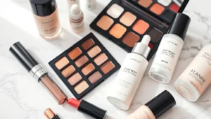 Close-up of diverse cosmetic products including lipstick, eyeshadow palette, foundation bottles, and skincare serums arranged on marble surface with natural lighting, professional beauty photography style, no labels visible